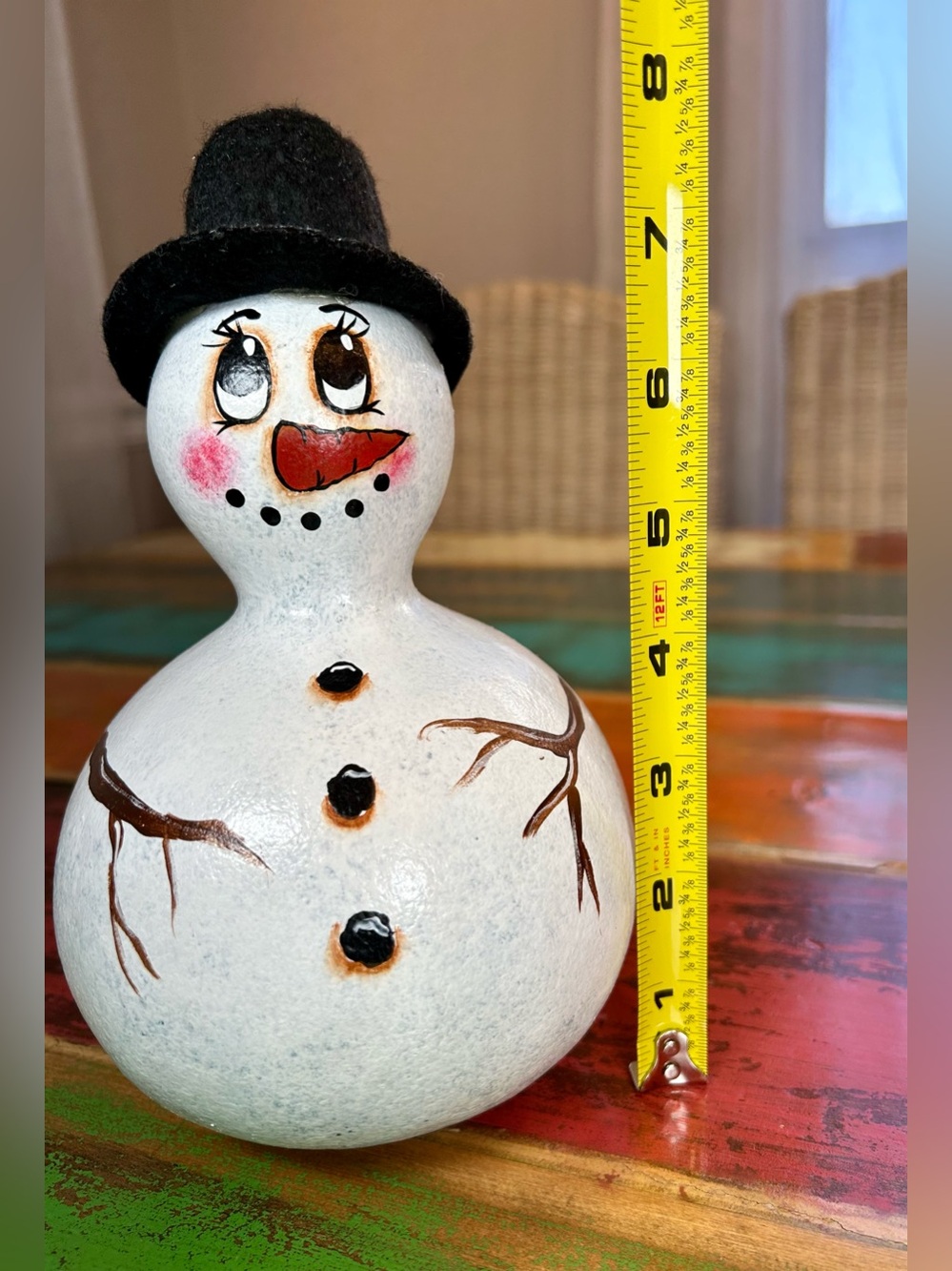 Vintage Hand Painted Gourd Snowman Winter Folk Art Decor Signed 2002 - Picture 12 of 13